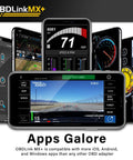 MX Plus OBD2 Bluetooth Scanner for iPhone Android and Windows with OEM support interface displayed on phone apps