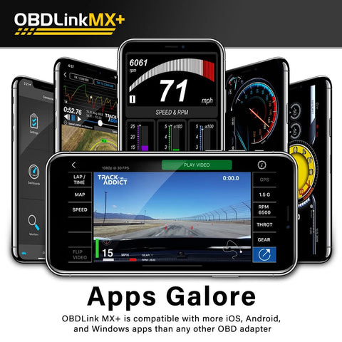 MX Plus OBD2 Bluetooth Scanner for iPhone Android and Windows with OEM support interface displayed on phone apps
