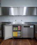 Built Tough 48 Inch Stainless Steel Commercial Worktop Freezer With Dual Doors in modern kitchen setting and open door.