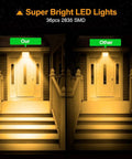 Comparison of JUDYSSY Led Flood Lights Outdoor 30W illumination with brighter output on left side, showcasing front porch lighting.