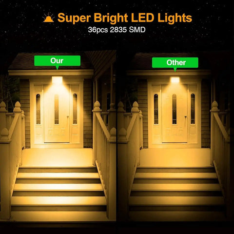 Comparison of JUDYSSY Led Flood Lights Outdoor 30W illumination with brighter output on left side, showcasing front porch lighting.