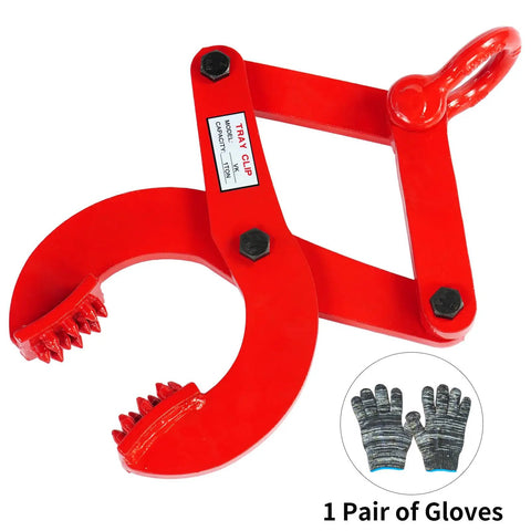 Beefy 1 Ton Pallet Puller Clamp With 5 Inch Opening, Heavy Duty Pallet Grabber Hoist, 2205 Lbs Capacity, 45 Steel With Powder Coating, Corrosion Resistant, Ideal For Lifting, Grabbing, And Moving Pallets, red steel clamp with gloves