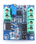 PWM To Voltage Converter Module Zero To Hundred Percent PWM To Zero To Ten Volt Analog Output For PLC And Industrial Control PLC Ready 15 To 30 Volt DC Supply 100 Hz To 3 KHz Range Plug And Play Interface, top view of electronic components and connectors.
