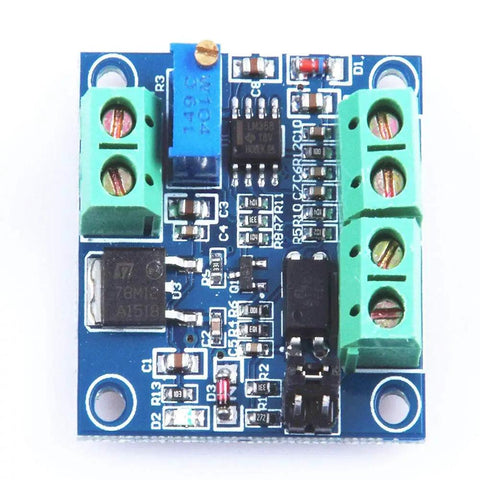PWM To Voltage Converter Module Zero To Hundred Percent PWM To Zero To Ten Volt Analog Output For PLC And Industrial Control PLC Ready 15 To 30 Volt DC Supply 100 Hz To 3 KHz Range Plug And Play Interface, top view of electronic components and connectors.