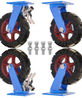 Kickass Heavy Duty Solid Rubber Caster Wheels Set Of 4 Industrial Swivel Plate Casters With Tapered Rollers Dual Wheel Brakes shown with blue steel brackets and red wheel centers.