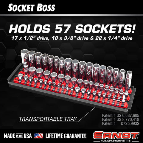 18 Inch Socket Boss Organizer With Twist Lock Clips, Premium 3 Rail Multi-Drive Socket Holder for 1/4 3/8 1/2 Inch Sockets, Red Tray