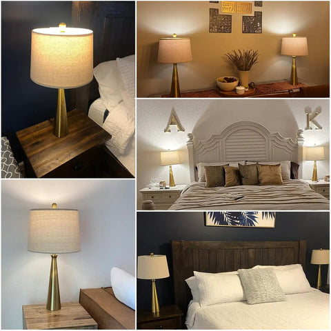 Collage of bedroom settings with 25.75 Inch Table Lamp Set Of 2 For Living Room And Bedroom, Touch Dimming 3 Way Lamps With USB Charging Port.