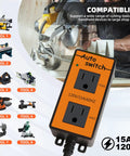 Front view of orange automatic vacuum switch with two 120V outlets for automatic dust collector control.