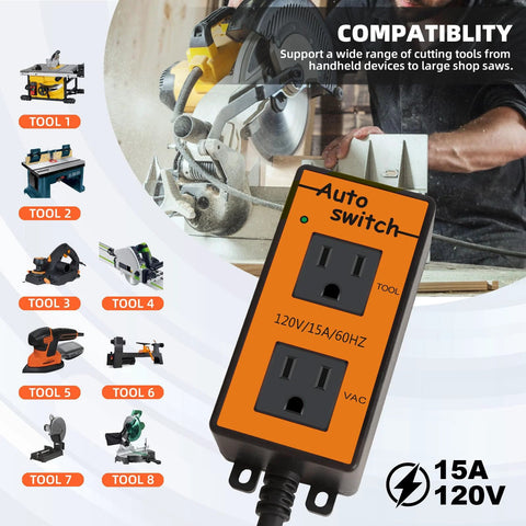 Front view of orange automatic vacuum switch with two 120V outlets for automatic dust collector control.