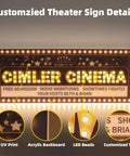 Customized theater sign with acrylic backboard, LED beads, UV print, and custom text detailing "Cimler Cinema."