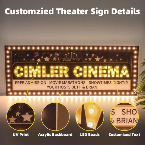 Customized theater sign with acrylic backboard, LED beads, UV print, and custom text detailing "Cimler Cinema."