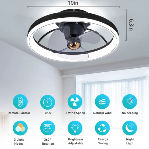 Low Profile 360-Degree Bladeless Ceiling Fan With Light Kit, Flush Mount, Remote Control, in living room setting
