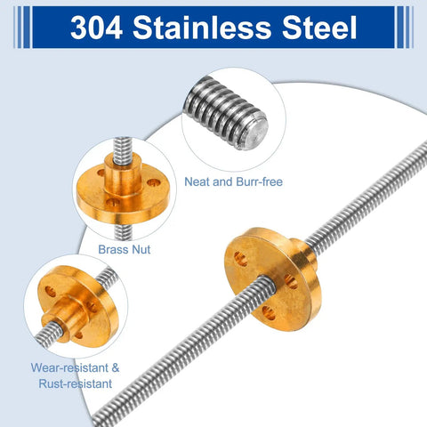 Close-up view of Two Pack 650mm Tr4X1 Lead Screws with brass nuts, stainless steel construction, for CNC and 3D printer upgrades.