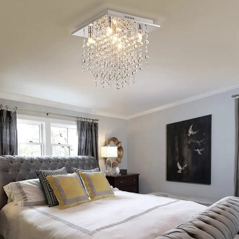 Five Light Modern Flush Mount Crystal Ceiling Light Fixture For Bedroom Dining Room Living Room Close To Ceiling Chandelier Style G9 Bulbs Not Included LED Compatible 12 Inch High 13 Inch Wide 13 Inch Long