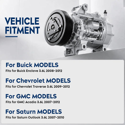 New Ac Air Compressor With Clutch Fits Buick Enclave Chevy Traverse Gmc Acadia Saturn Outlook 3.6L detailed vehicle fitment information.