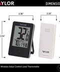 Wireless Digital Indoor Outdoor Thermometer With Large LCD Display For Patio Pool And Home Use Easy To Read At A Glance Remote Sensor With Daily High Low Memory Black showing dimensions and remote sensor