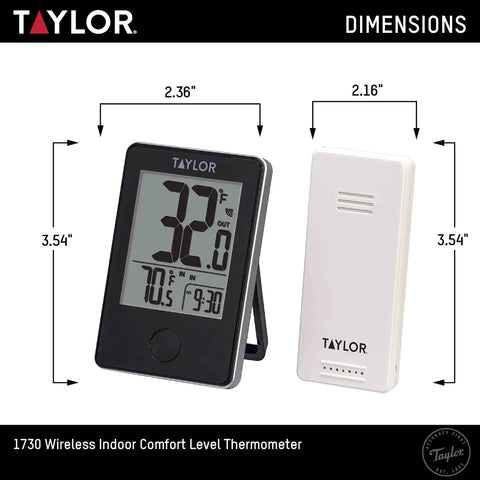 Wireless Digital Indoor Outdoor Thermometer With Large LCD Display For Patio Pool And Home Use Easy To Read At A Glance Remote Sensor With Daily High Low Memory Black showing dimensions and remote sensor