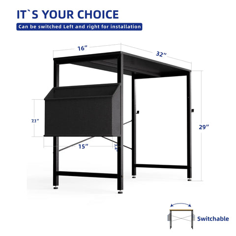32 Inch Computer Desk For Small Spaces With Storage Bag And Headphone Hook Space Saving Home Office Work Desk For Study Writing Table Ideal For Dorms Teens And Kids, side view