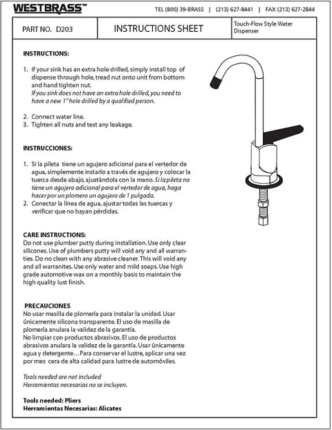Installation instructions for Cool Touch-Flo Style Pure Cold Water Dispenser Faucet In Oil Rubbed Bronze, Six And A Half Inch Tall.