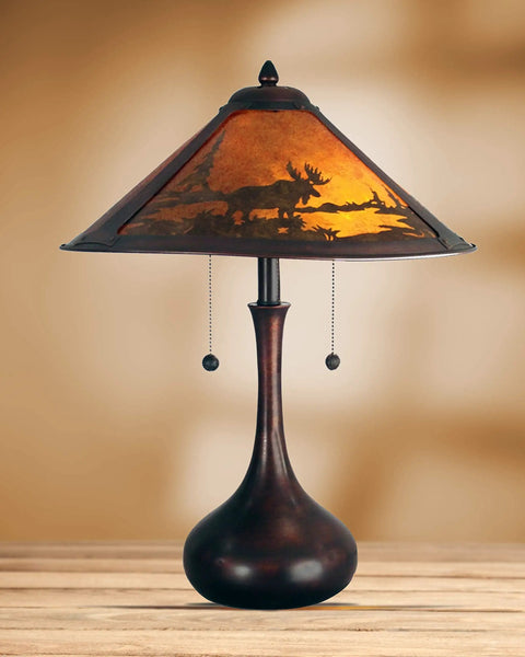 Two Light Table Lamp In Bronze Dark Finish With Deep Brown Mica Art Glass And Filigree Detailing From Classic Mica Collection