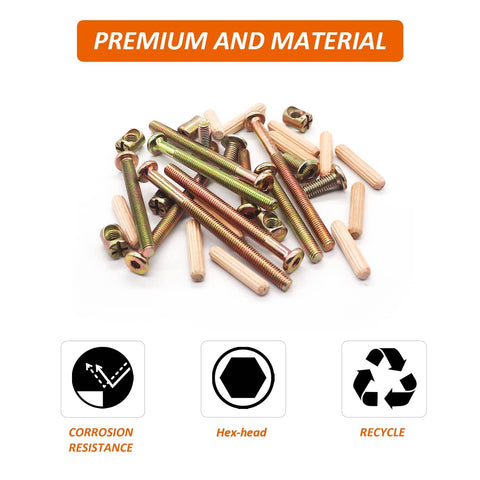 Must Have Hardware Replacement Kit For Cribs And Furniture With Barrel Nuts And Wood Dowels M6 Hex Drive Socket Cap Screws shown