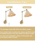 Rattan Wrapped Wall Sconce With Adjustable Swing Arm And Foldable Vintage Bedside Light Gold Finish With Wicker Shade Plug In Or Hardwire Brass Reading Lamp For Living Room Or Bedroom installation options.