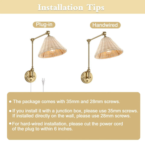 Rattan Wrapped Wall Sconce With Adjustable Swing Arm And Foldable Vintage Bedside Light Gold Finish With Wicker Shade Plug In Or Hardwire Brass Reading Lamp For Living Room Or Bedroom installation options.