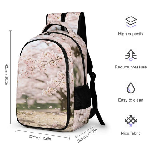 Soft Pink Sakura Spring Scene Printed Unisex Backpack With Large Capacity Durable Polyester Breathable Comfort Easy Clean Design Smooth Zipper Dope Fashionable Everyday Carry Backpack For Travel School And Daily Use, side view with cherry blossom pattern