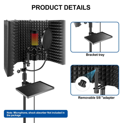 Studio Microphone Isolation Shield With Pop Filter, Foldable Voice Shield, Adjustable Tripod Stand, High Density Foam For Crisp Vocals