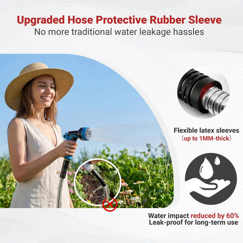 Woman using 100 Ft Stainless Steel Garden Hose No Kinks And Leak Proof Flexible Water Hose With Upgraded Handle and Spray Nozzle