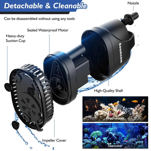 Diagram of disassembled submersible water pump 200 GPH 10W showing nozzle, motor, impeller cover, with freshwater and seawater use.