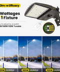 Led Parking Lot Light With Switchable 200W 180W 150W Output 5000K 32000lm Shoebox Light mounted on outdoor pole