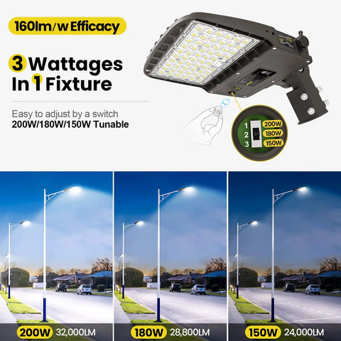 Led Parking Lot Light With Switchable 200W 180W 150W Output 5000K 32000lm Shoebox Light mounted on outdoor pole