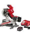 Top Tier Dual Bevel Sliding Compound Miter Saw With Brushless Powerplant Ten Inch Cutting Capacity Extra Run Time Side Carry Handles viewed from the side.