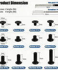 Heavy Duty Black Chicago Screws Kit For Leather Crafts, 115 Piece Set specifications with various screw and post sizes.