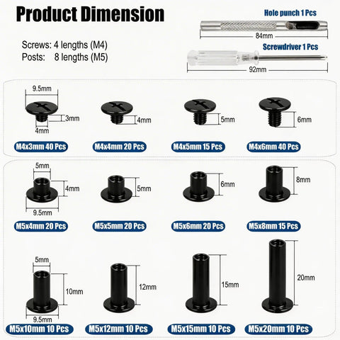 Heavy Duty Black Chicago Screws Kit For Leather Crafts, 115 Piece Set specifications with various screw and post sizes.