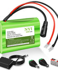 12V 3000mAh Li Ion Battery Pack With Charger And DC5521 Connector Compact 3Ah Power Source For Router CCTV Camera LED Strip Lights RC Cars DIY Tools And Other 12 Volt Devices. Green Li-ion battery with connectors and accessories.