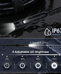 Dual Lens Endoscope 1080P Borescope with 32.8ft cable showing IP67 waterproof feature and 8 LED brightness settings.
