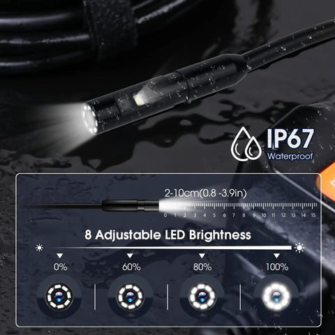 Dual Lens Endoscope 1080P Borescope with 32.8ft cable showing IP67 waterproof feature and 8 LED brightness settings.