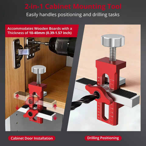 Adjustable Cabinet Door Installation Jig Featuring Dual Imperial And Metric Markings Dead Nuts Accurate Mounting Positioning Tool For Home Renovations Solid Aluminum Frame with clamp on wood.
