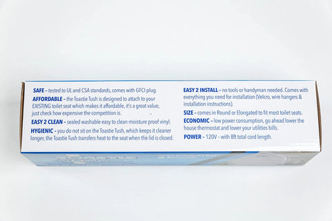 Packaging showing features of Cozy Elongated Toilet Seat Warmer With Quick HookAndLoop Mount Waterproof Electric Heated Seat Cover.