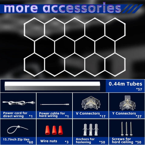 Ultra Bright LED Garage Lighting System With 14-Grid Hex Panels, 64500 Lumens, 6500K Daylight accessories including connectors and screws