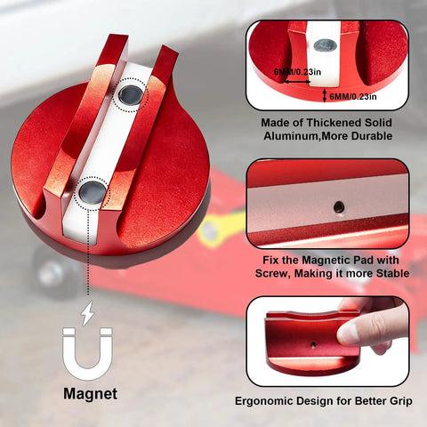 Red Magnetic Jack Pads Set 2 Pack Solid Aluminum Grooved Pucks With Screw Fix 2.85 Inch Wide Opening For Cars SUVs Trucks