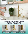 Slick Brushed Gold Kitchen Faucet With Pull Down Sprayer And Reverse Osmosis Drinking Water Tap Stainless Steel Single Handle Sink Mixer in action with dishwashing.