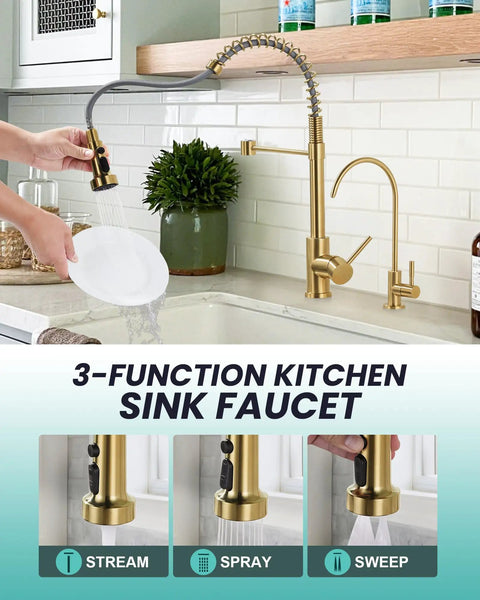 Slick Brushed Gold Kitchen Faucet With Pull Down Sprayer And Reverse Osmosis Drinking Water Tap Stainless Steel Single Handle Sink Mixer in action with dishwashing.