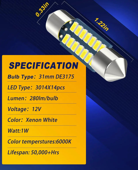 Specification sheet for 3175 Led Festoon Bulbs 31mm 1.22in 12V Ultra Bright 6000K White Interior Lighting Kit with bulb diagram