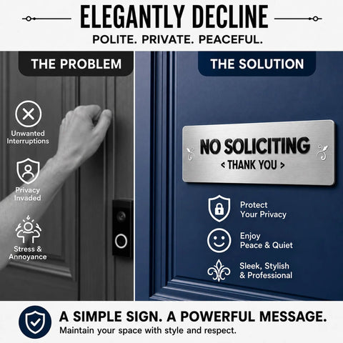 Dead Serious No Soliciting Sign Crafted From Brushed 304 Stainless Steel features raised lettering mounted on a blue door.