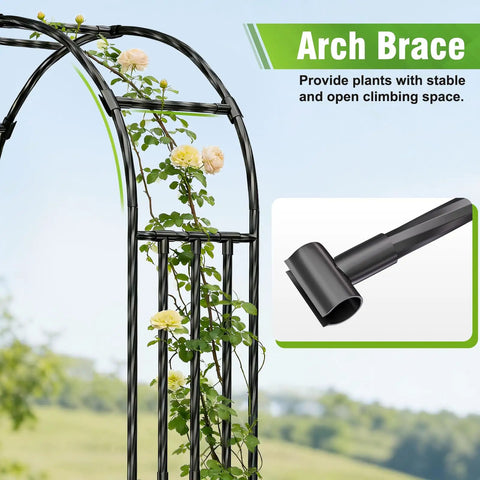 Sturdy Garden Arbor Arch For Climbing Plants With Durable PE Coated Metal Frame Measuring Seven Point Nine By Three Point Nine Feet Wide Yard Trellis For Vines Outdoor Decor For Weddings Halloween And Christmas Black Finish Includes Ground Stakes