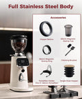 Tuni G3 Commercial Espresso Coffee Grinder With 64mm Flat Burrs, Stainless Steel Conical Mill, 100 Precision Grind Settings For Barista Grade Pour Over And French Press Brewing Perfection In Sleek Ivory, showing stainless steel body and accessories.