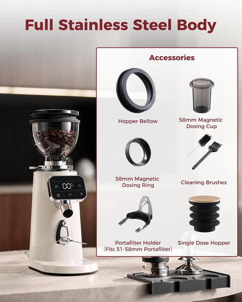 Tuni G3 Commercial Espresso Coffee Grinder With 64mm Flat Burrs, Stainless Steel Conical Mill, 100 Precision Grind Settings For Barista Grade Pour Over And French Press Brewing Perfection In Sleek Ivory, showing stainless steel body and accessories.